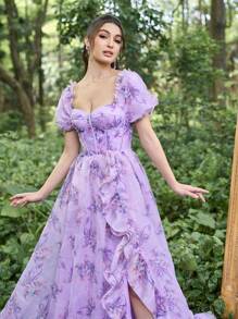 Faeriesty Đầm dạ hội trễ vai tay bồng viền bèo nhún sang trọng, trang trọng cho tiệc cưới, dự tiệc tốt nghiệp, tiệc tối - Màu Lilac Tím - Xem 4