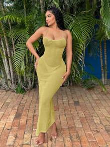 SHEIN SXY Beach Holiday Solid Color Knitted Cross Backless Side Split Halter Dress - Mustard Yellow - View 1