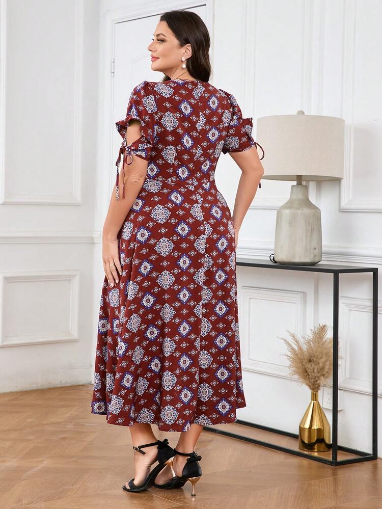 Burgundy Red Plus Size Elegant Printed Cinching Waist Sleeve Cuff Gathered Dress For Spring/Summer