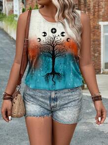 EMERY ROSE Camiseta sin mangas de verano casual de talla grande con estampado de árbol en contraste vintage - Azul - Ver 5