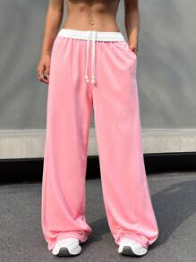 SHEIN EZwear 女士休閒拼色束口安納斯塔西亞運動長褲，夏季運動必備 - 粉色 - 查看 6