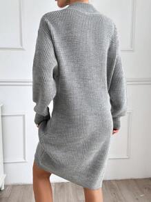 EURMUSE Women Plain Knit Design Knit Dress With Zipper Detail - Grey - View 6