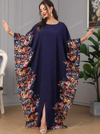 Women's Elegant Floral Print Batwing Sleeve Dress, Spring & Summer Modest Long Sleeve Kaftan Arabian Dress