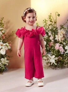 SHEIN Baby Girl Mesh Ruffle Trim Cold Shoulder Jumpsuit , Suitable For Summer Vacation