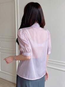 DAZY Women Solid Color Pleated Short Sleeve Shirt With Draped Neckline - Purple - View 5