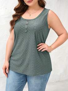 Plus Women Eyelet Sleeveless Casual Button Down Tank Tops - Army Green - View 1