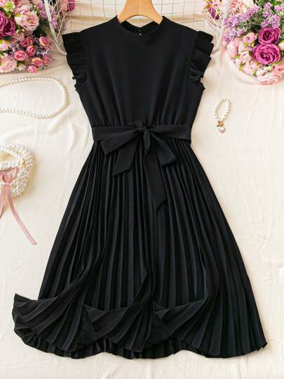 Franclia Women Summer Solid Color Cap Sleeve Stand Collar Pleated Waist Holiday Dress Vacation Beach Outfit