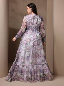 Plus Size Plunging V-Neck Lantern Sleeve Ruffle Hem Vacation Dress, Spring/Summer