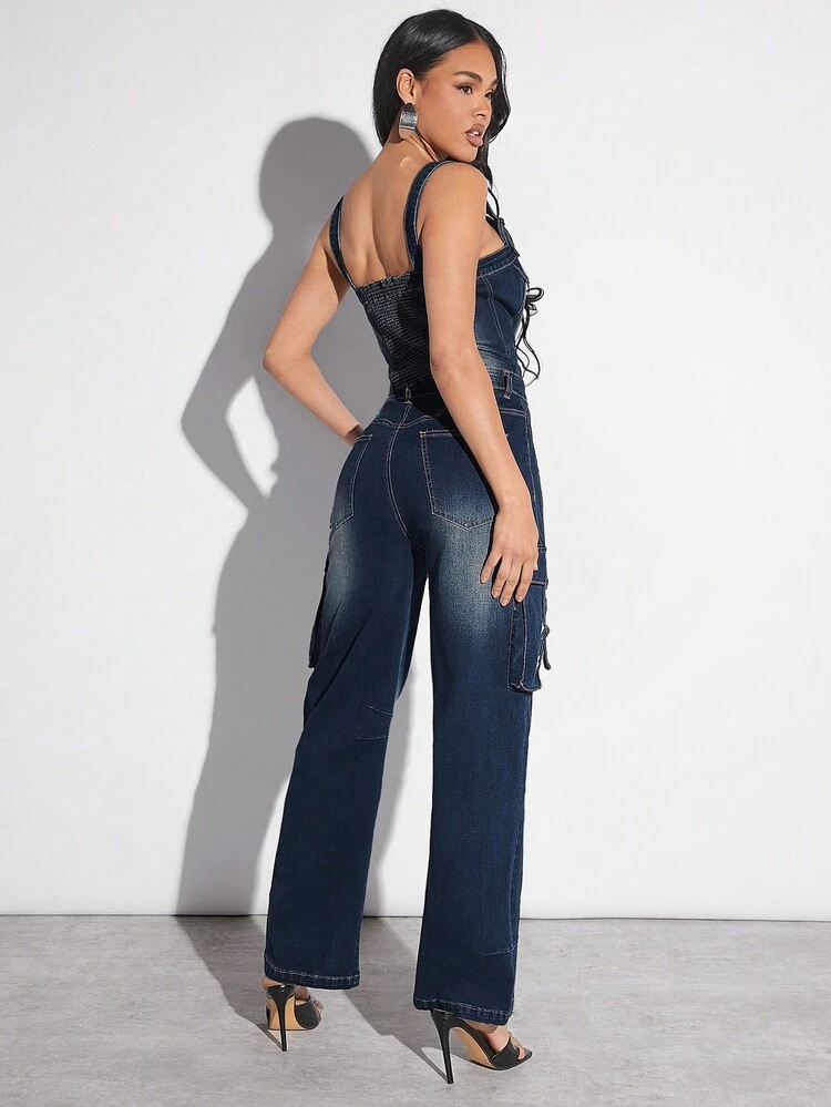 Button Front Flap Pocket Cargo Denim Jumpsuit For Summer