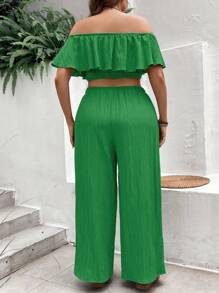 Breezaya Plus Size Holiday Leisure Solid Color Off-Shoulder Ruffle Cropped Top And Wide-Leg Pants 2-Piece Set