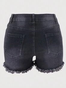 Quần short jeans rách co giãn cạp vừa cho nữ, viền thô, quần short denim thường ngày - màu đen - Xem 4