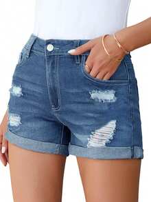 Washed & Distressed Casual Denim Shorts, Suitable For Spring/Summer - Blue - View 4