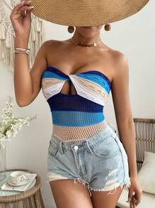 SHEIN VCAY Top de tubo para mujeres con bloqueo de color y frente retorcido para vacaciones o salir - Multicolor - Ver 4