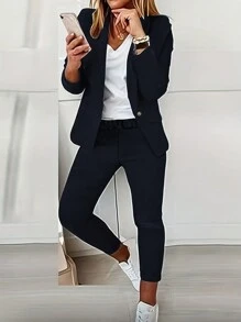Women's Solid Color Simple Daily Long Sleeve Blazer Trouser Set - Navy Blue - View 1