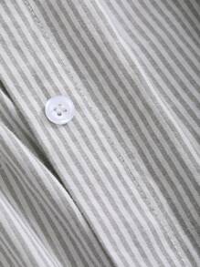 DAZY 女士条纹印花休闲单排扣衬衫，适合日常穿着，荷叶边长袖上衣 - 淺灰色 - 查看 9