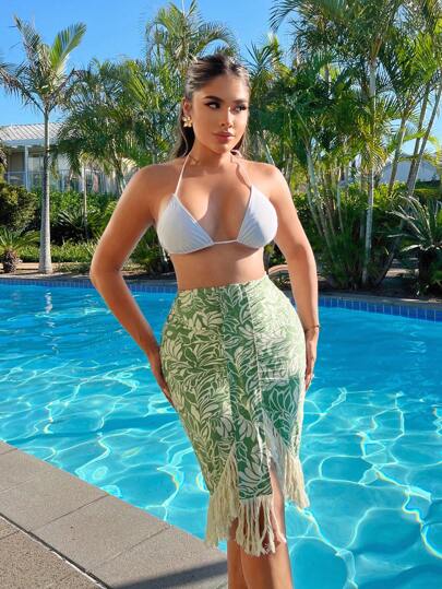 SHEIN SXY Summer Vacation Holiday Beach BOHO Floral Print Drawstring Cotton Fringe Tight Skirt For Women