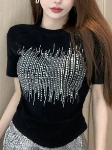 女士夏季水钻印花圆领短袖休闲T恤 黑色度假款 - 黑色 - 查看 3