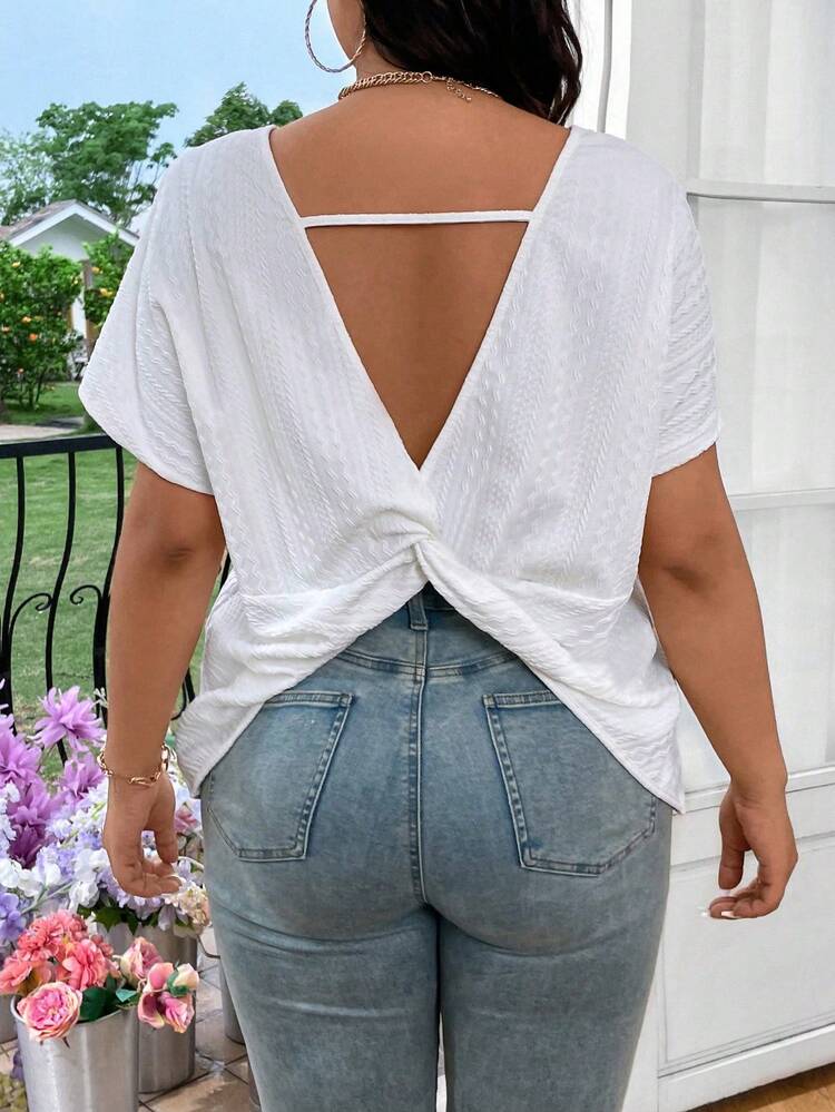 Plus Size Women Summer Solid Color Round Neck Batwing Short Sleeve Twisted Back Loose Casual T-Shirt
