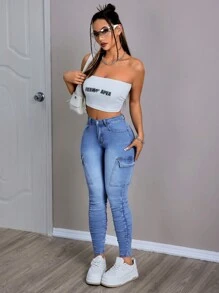 SHEIN PETITE 女性工作服口袋百褶修身休閒牛仔褲，日常穿著 - 中等水洗藍 - 查看 3