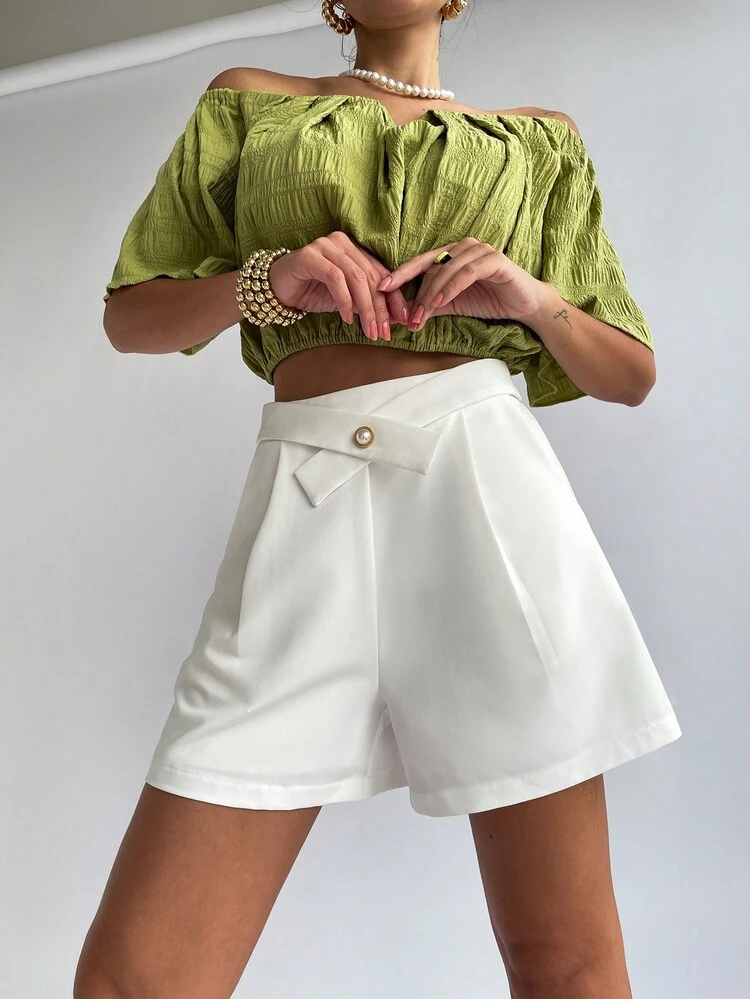 Ladies' Summer Casual Solid Color Pleated Wide-Leg Shorts