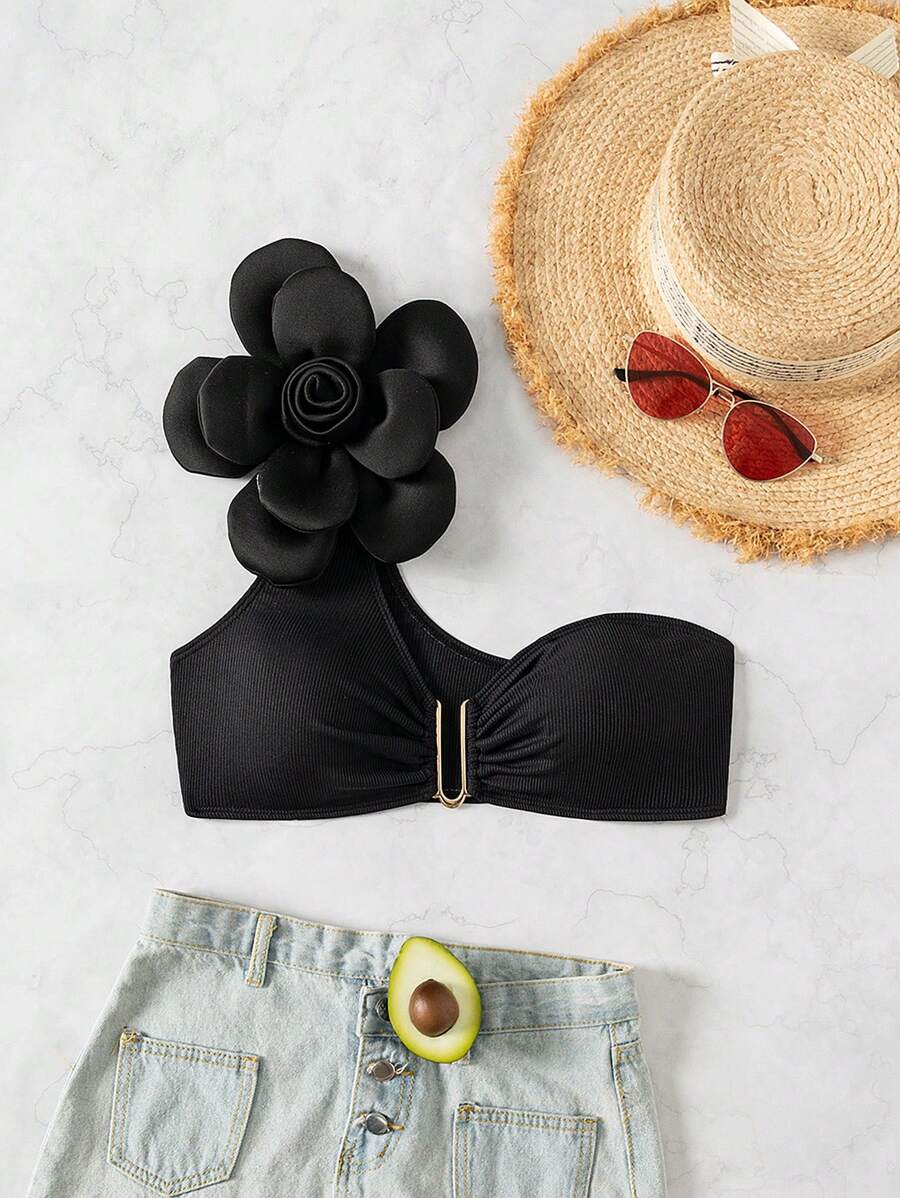 SHEIN Swim Women Asymmetrical Neckline Ruched Striped Bikini Top With 3D Flower Decoration Summer - Black - View 1