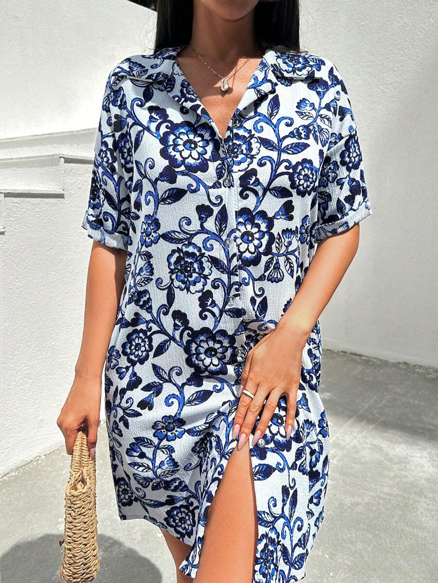 RueChic Blue Printed Shirt  Dress - Blue and White - View 1