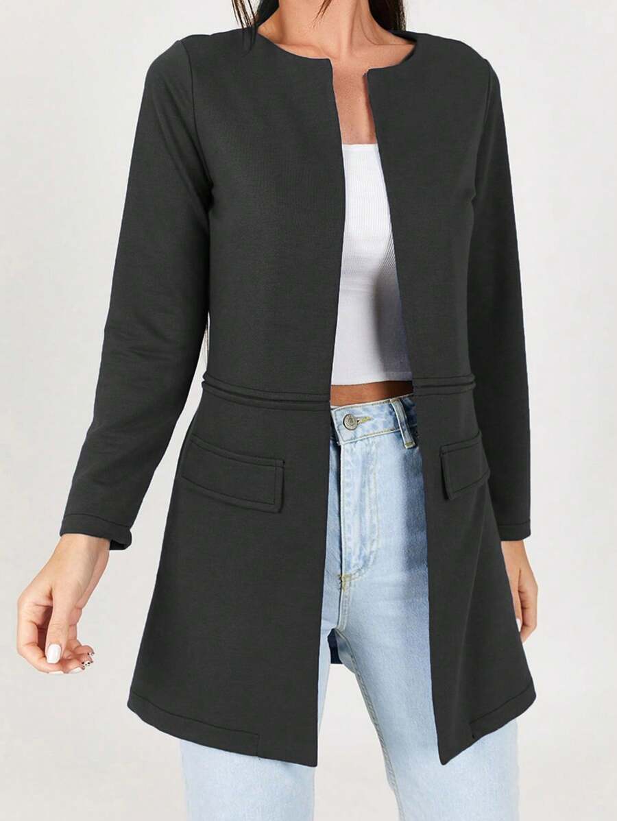 RueChic Open Front Flap Detail Coat - Black - View 1