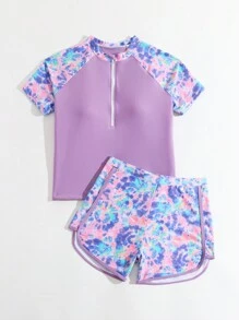 SHEIN 青少年女孩紮染印花寬鬆T恤與短褲休閒比基尼泳裝套裝，適合度假游泳與海灘穿著，夏季假期款 - 紫色 - 查看 3