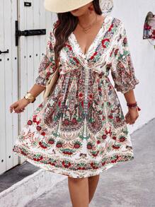 SHEIN Holidaya Plus Size Kỳ nghỉ và Đầm cổ chữ V sâu in ngẫu nhiên ngẫu nhiên - Nhiều màu - Xem 1