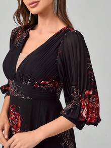 SUPGIR 【隨機切割花紋】V領燈籠袖數碼印花長袖高端優雅雪紡大擺禮服長裙 - 黑色 - 查看 7