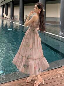 DAZY Women French Style Chiffon Printed Halterneck Dress Sundress