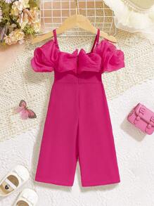 SHEIN Baby Girl Mesh Ruffle Trim Cold Shoulder Jumpsuit , Suitable For Summer Vacation