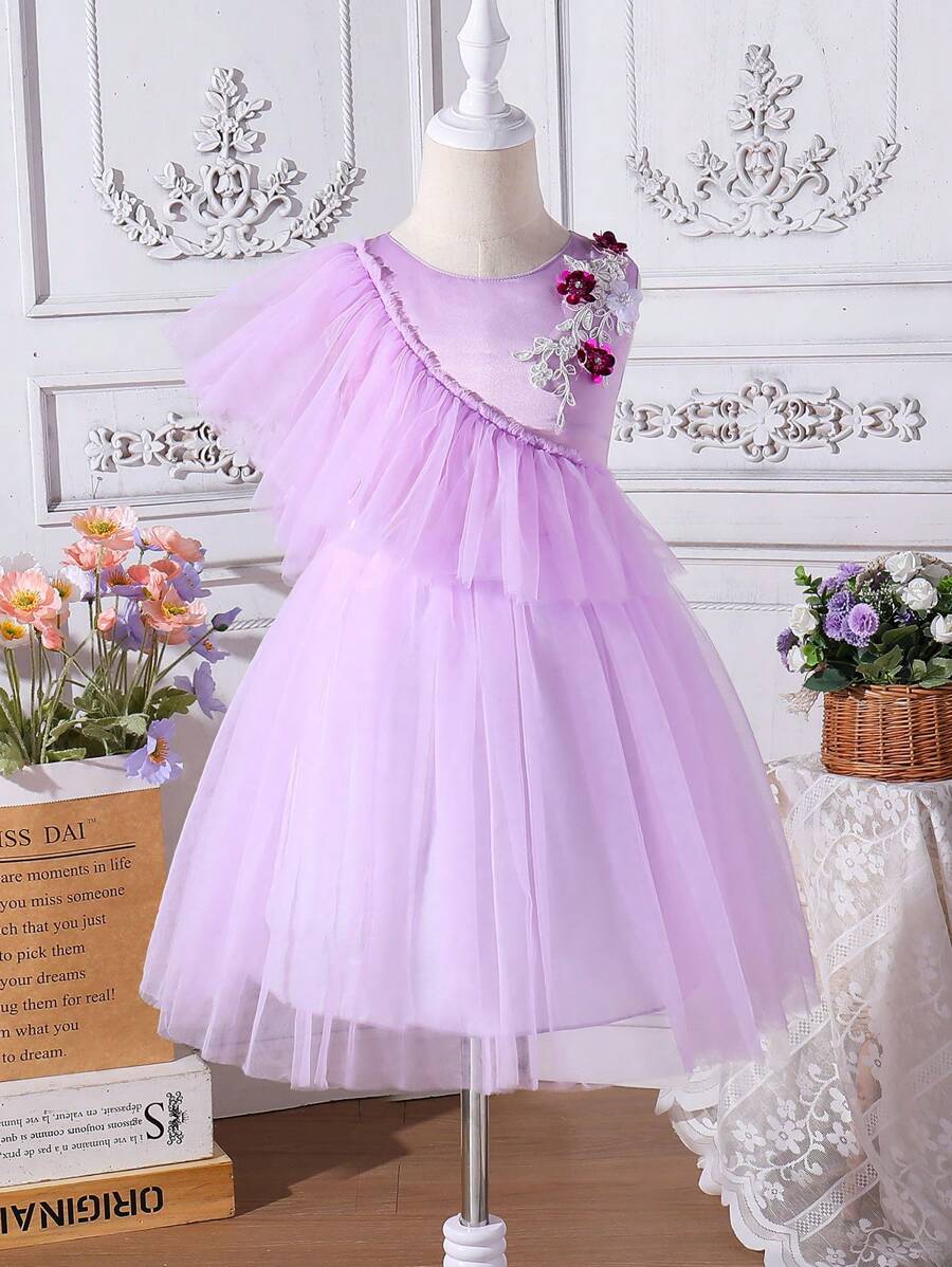 SHEIN Young Girl Summer Elegant Dress With 3D Floral Decor, Mesh Paneling And Ruffle Hem On The Neckline - Mauve Purple - View 1