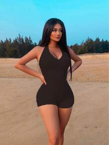 VaVaBold Women's Backless Halter Neck Tight Jumpsuit Unitard For Beach Vacation - Black - View 6