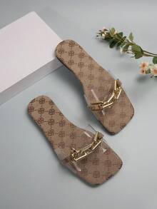 Dép đế bệt nữ có chi tiết khóa kim loại, mũi vuông và hở lưng - màu nâu - Xem 6