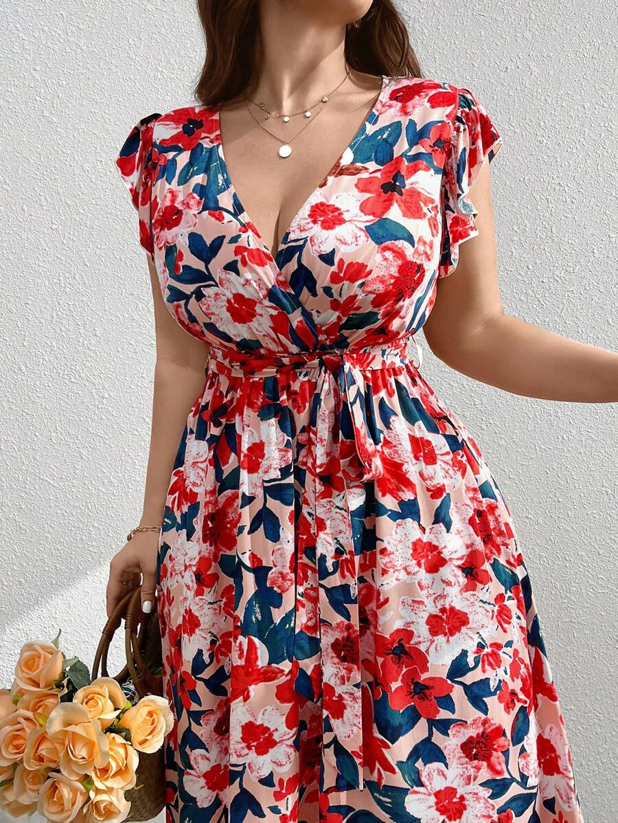 SHEIN Clasi Plus Size Vacation Style Floral Allover Print Ruffle Hem Dress For Leisure Maxi Women Outfit - Multicolor - View 1
