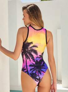 Forever 21 Women Sleeveless Allover Print Bodysuit With Colorblock Trims And Zipper, Casual