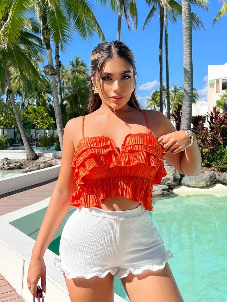 Summer Vacation Holiday Beach BOHO Front V-Neck Ruffle Trim Super Crop Top Women Camisole