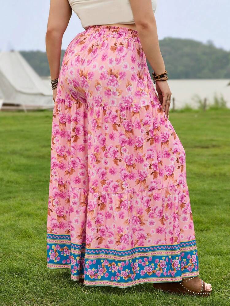 WYWH Ladies' Plus Size High-Waisted Printed Wide-Leg Pants With Frill Trim For Musical Festival