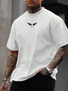 Camiseta de manga corta de cuello redondo informal de talla grande para hombre con estampado de lema y alas de verano
