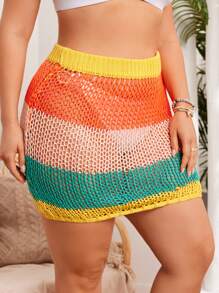 SHEIN Swim Curve Plus Size Women Fashion Colorful Striped Hollow Out Skirt And Cover Up Cover-Up,Summer Beach - Multicolor - View 3