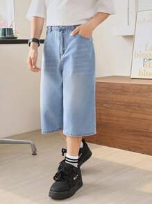 SHEIN Calça Capri Jeans Casual Elegante de Perna Larga para Meninos Adolescentes, Simples e Versátil