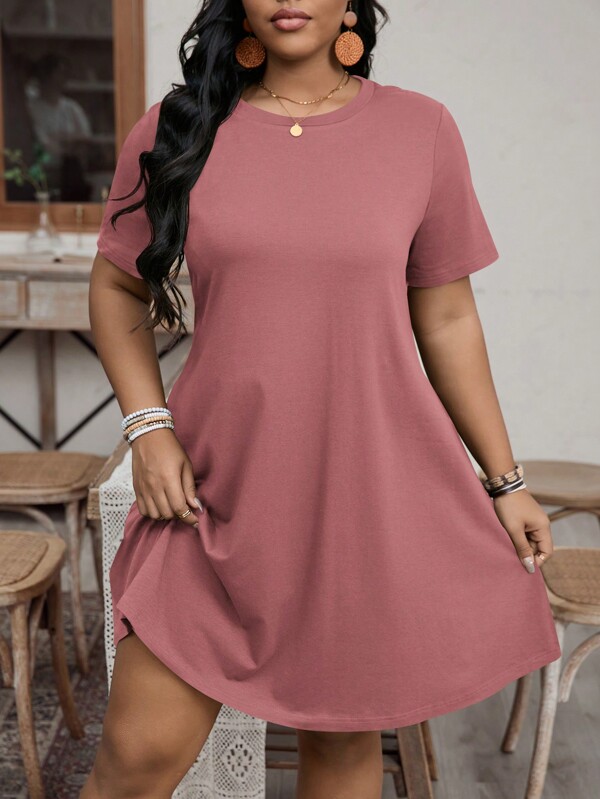 SHEIN LUNE Plus Size Women Solid Color Round Neck Short Sleeve Casual Dress For Summer