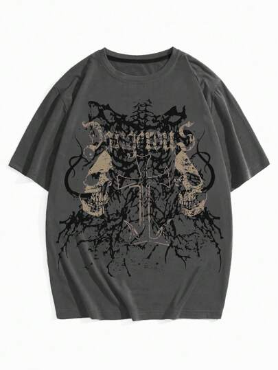 Grunge Punk Camiseta de manga corta casual de verano para hombres con estampado de calavera y letras cuello redondo