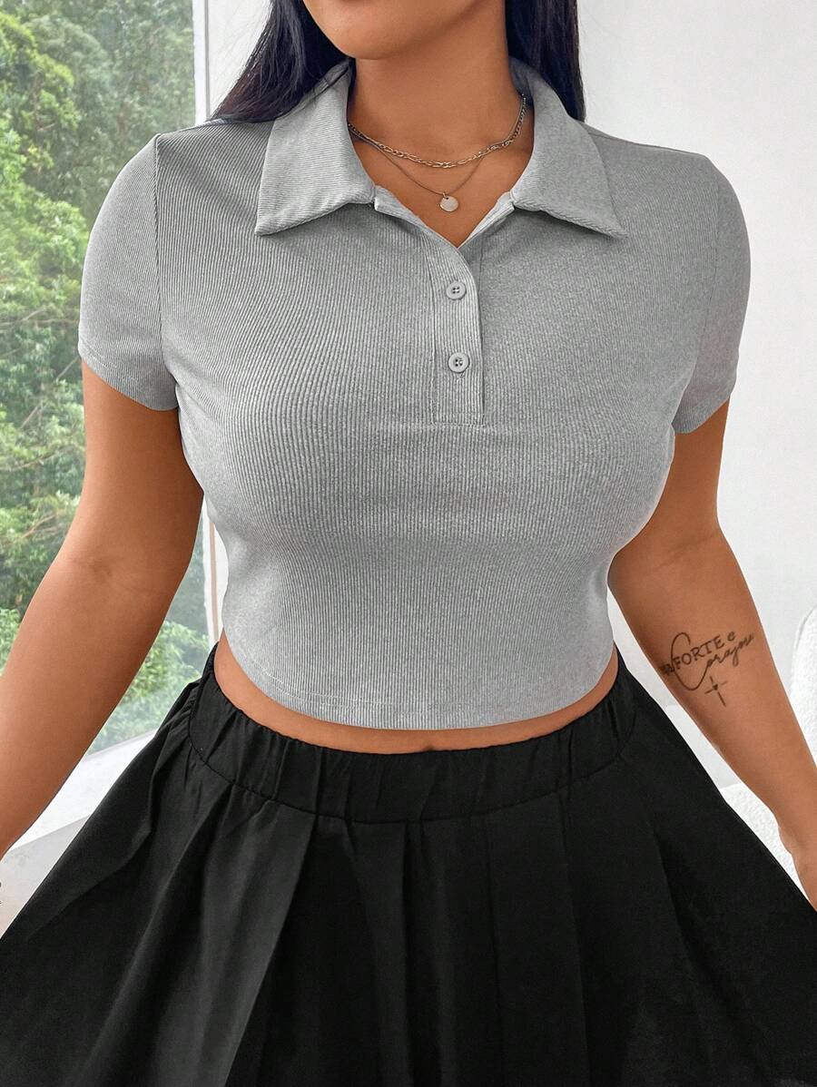 Flirla 夏季大碼女士純色短袖班領休閒polo T卹 - 淺灰色 - 查看 1