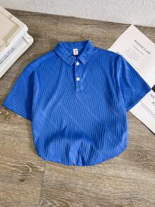 Tween Boy Resort College Jacquard Half Placket Loose Fit Knit POLO Shirt With Turn-Down Collar Short Sleeve - Blue - View 1