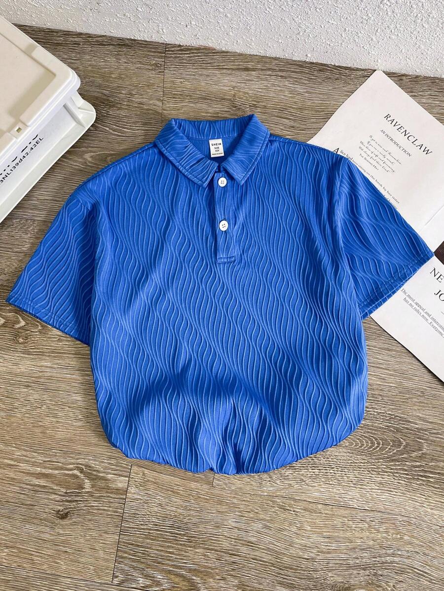 Tween Boy Resort College Jacquard Half Placket Loose Fit Knit POLO Shirt With Turn-Down Collar Short Sleeve - Blue - View 1