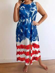 SHEIN LUNE Plus Size Women Summer Tie-Dye Printed Round Neck Sleeveless Casual Dress