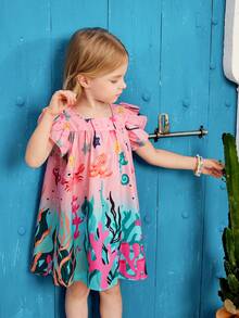 SHEIN Young Girl Cute Animal Cartoon Printed Seaweed Pattern Sleeveless Dress With Square Neckline & Ruffle Trim For Summer Vacation