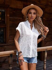 SHEIN LUNE Chemisier à manches courtes simple de couleur unie pour femme, convient pour un usage quotidien - Blanc - Voir 4